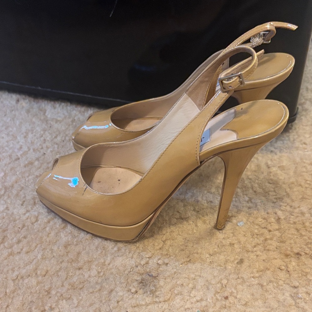 Jimmy Choo Tan Slingback Peep-Toe Heels